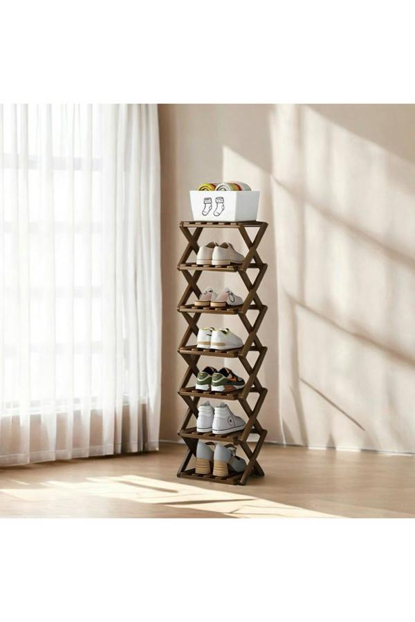 Living and Home 7 Tier Bamboo Folding Shoe Rack Shoe Storage Organiser - Brown