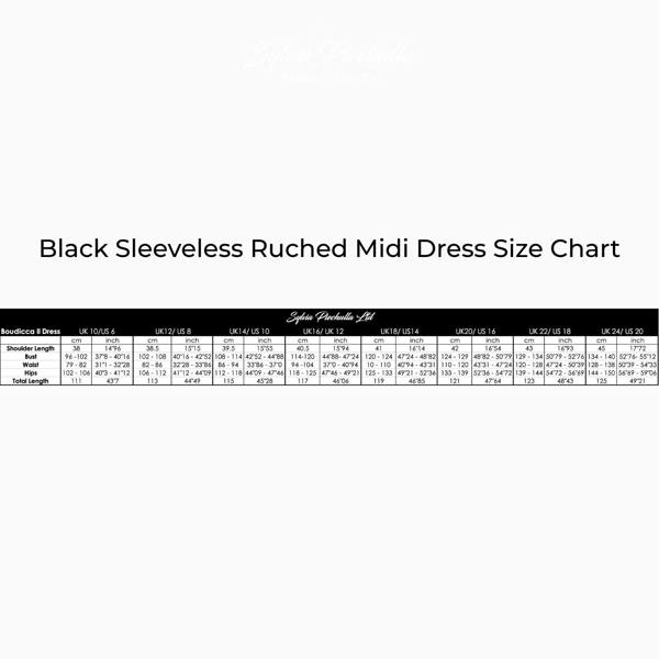 Black Sleeveless Ruched Midi Dress Size Chart