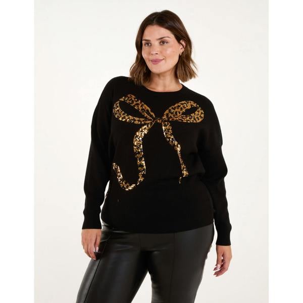 Blue Vanilla Curve Sequin Leopard Bow Jumper