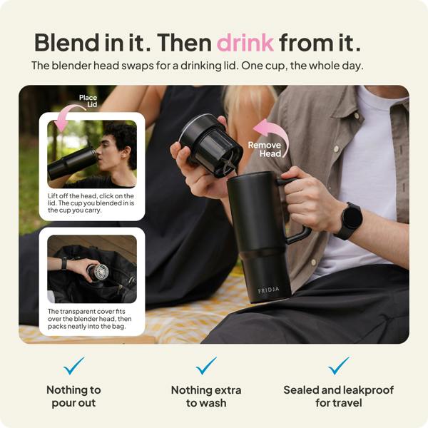Two people sit on grass, demonstrating the Fridja f600 Stainless Steel Portable Blender. One removes the blending head, while the other secures a drinking lid. On-screen text highlights its convenience, leakproof design, and seamless switch from blending to drinking.