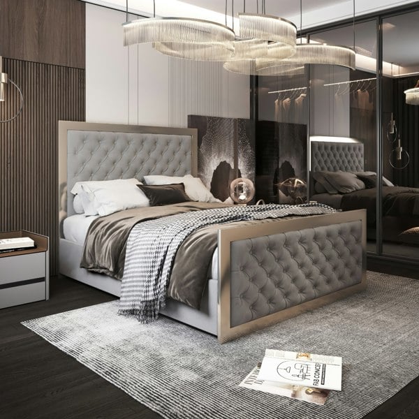 Casa Magna Maddison Upholstered Soft Velvet Metal Bed Frame - Grey