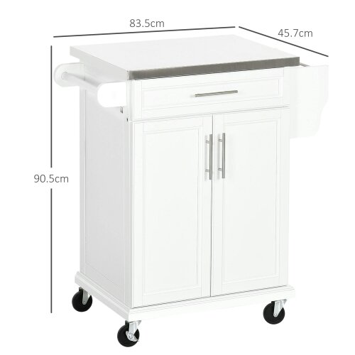 Wyld Haus Nenapa Wooden White Kitchen Island On Wheels With Stainless Steel Top Drawer And Side Rack
