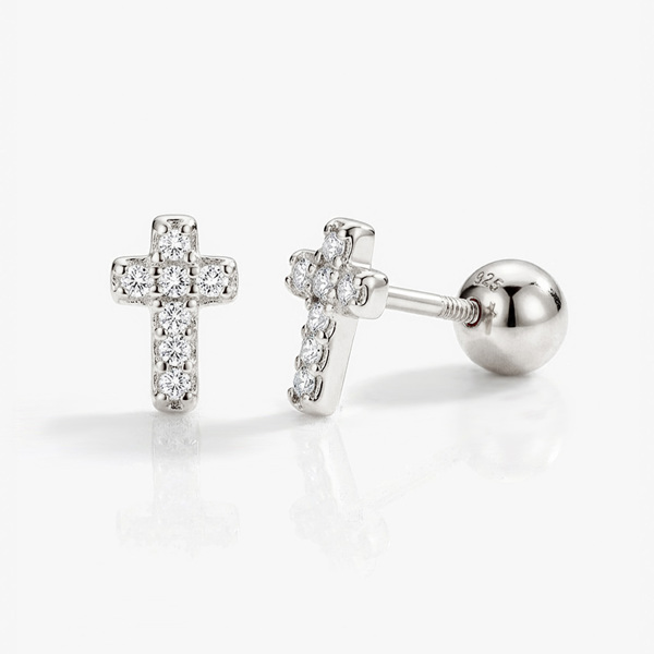 MUCHV Tiny Pave Cross Screw Stud Earrings