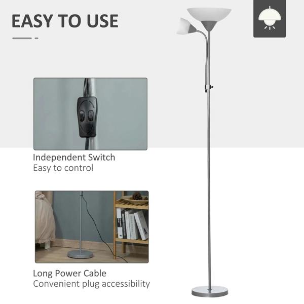 Silver standing floor lamp with independent switch, long power cable, and round base.