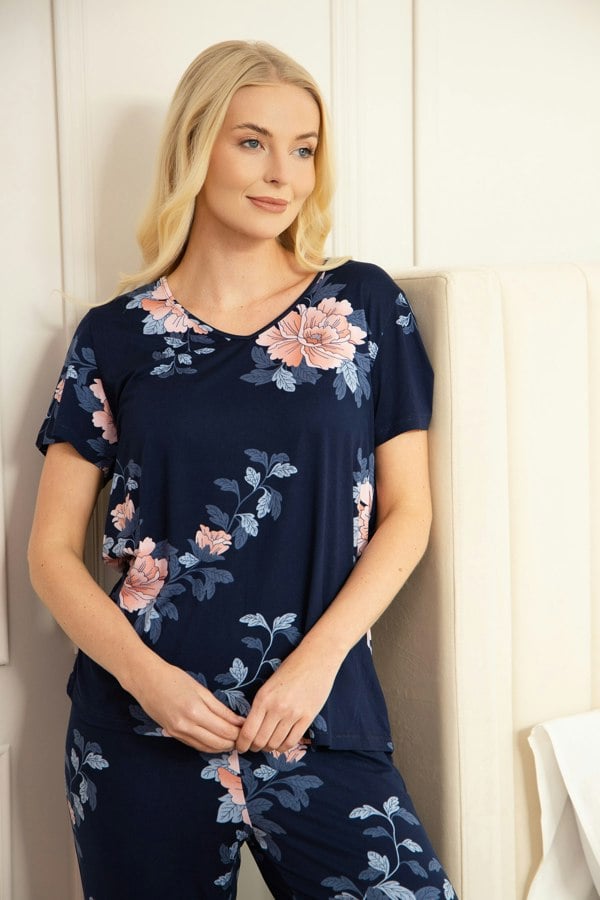 Camille Navy Lightweight Printed Short Sleeved Pyjama Set