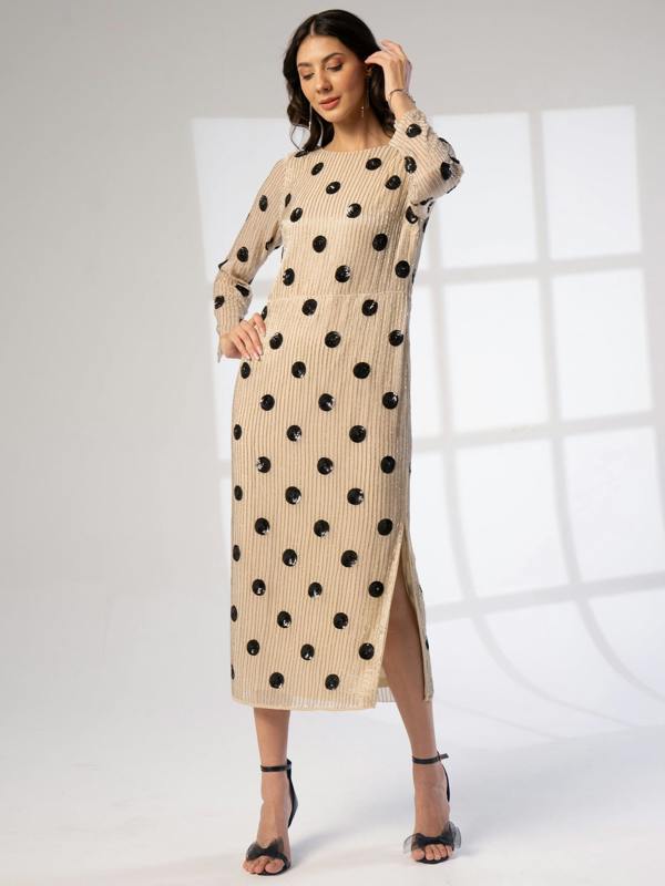Rose & Nancy Merrin Ivory Polka Dot Hand Beaded Midi Dress