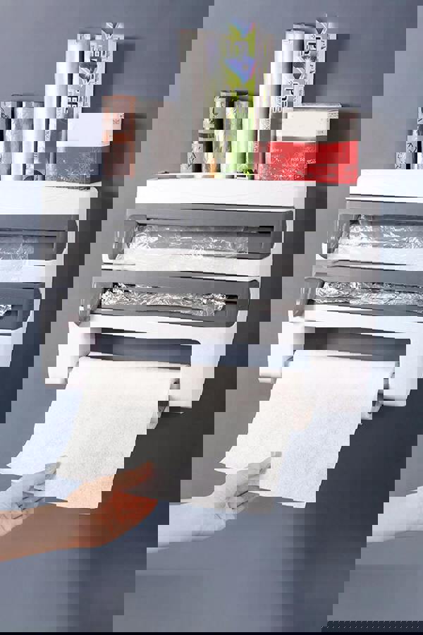 Living and Home 4-in-1 Kitchen Wrap Dispenser Roll Holder with Spice / Towel Rack Cling Film Foil Cutter