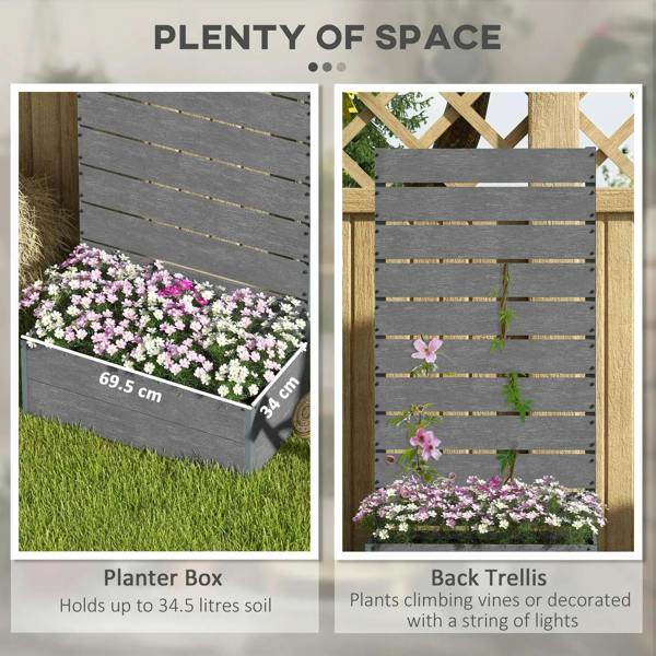 Dark grey planter box and back trellis set, showing front box and tall slatted back