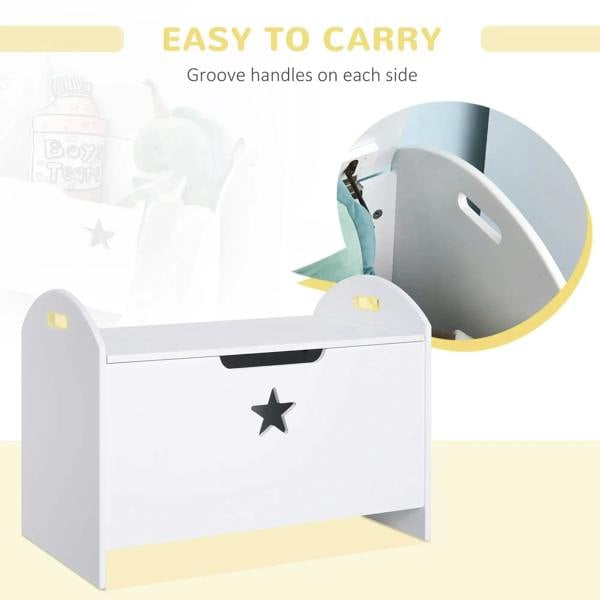 White kids storage box with open lid and side groove handles for carrying