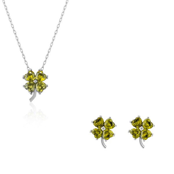 Spero London Four Leaf Clover Sterling Silver Stud Earrings and Necklace Set - Mystic Green