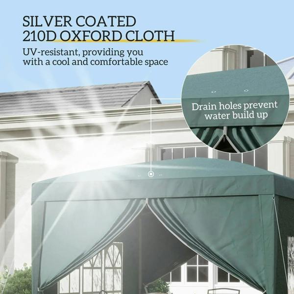 Green gazebo canopy tent with center valance and side window panels