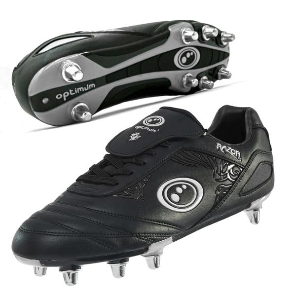 All-black Optimum Razor rugby boot showing grey sole and eight studs on white background - Optimum