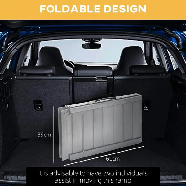 Folding aluminum wheelchair ramp stored in car trunk, silver hinged panels