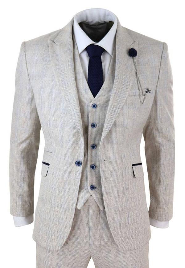 House of Cavani Mens 3 Piece Cream Check Tweed Herringbone Vintage Classic Suit