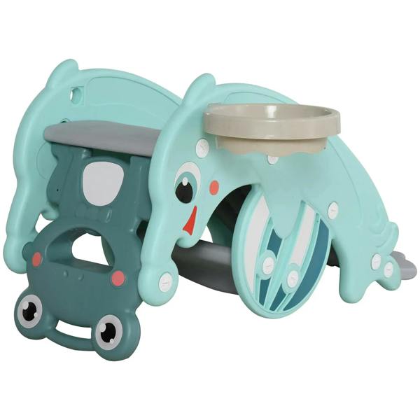 Teal 3-in-1 baby rocking horse slide with basketball hoop, animal face and gray ramp