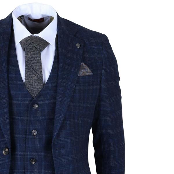 Infinity Leather Men's Navy Blue Plaid Check 3 Piece Suit Slim Fit Formal Suit