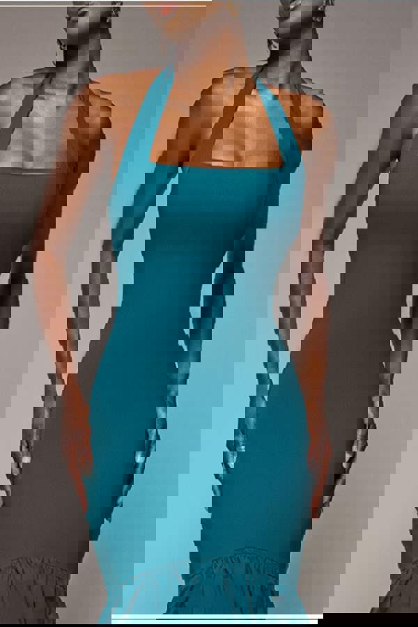 Halter Neck Puff Hem Mermaid Midaxi Dress - Emerald Green DR4747