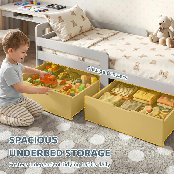 AIYAPLAY Wooden Kids Bed Frame with 2 Storage Drawers for Ages 4-14, Grey