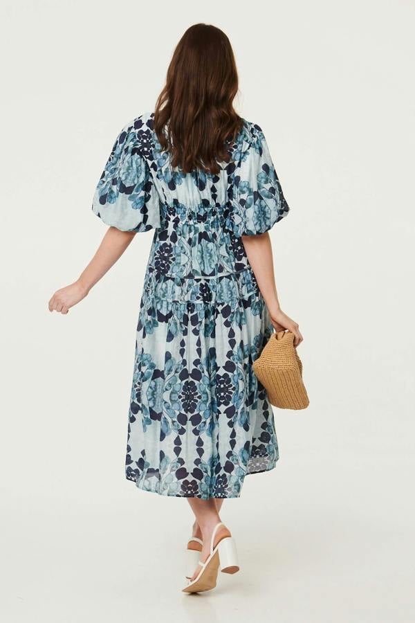 Blue | Floral 1/2 Puff Sleeve Tiered Midi Dress