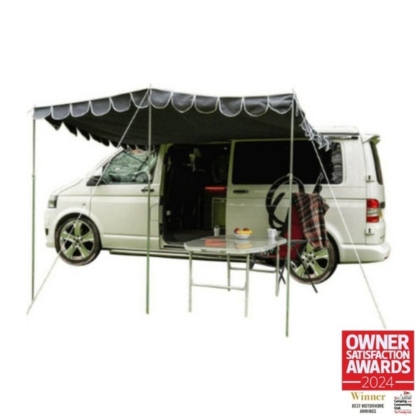 The OLPRO Retro Campervan Shade Canopy - Charcoal on a white background fitted to a VW T5 van.