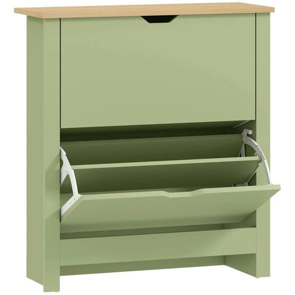 Green slim shoe cabinet with two flip drawers and open adjustable shelves