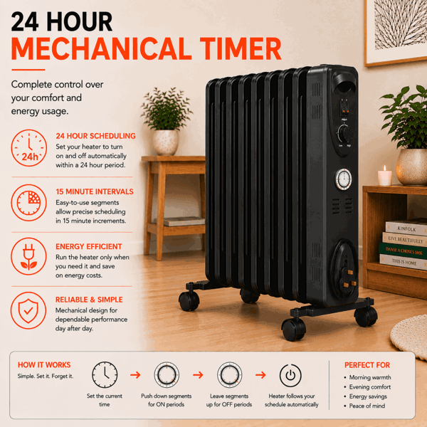 MYLEK Oil Filled Radiator 2000w Portable Heater Thermostat 24 Hour Timer Grey
