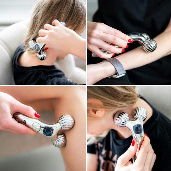 A person with red-painted nails uses the Rio Face & Body Massage Roller, a silver handheld massager with three rotating heads and a digital display, on their neck, arm, and shoulder in a collage of four close-up images.
