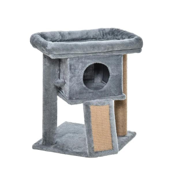 Grey cat scratching tower with cubby cat house, top perch, and sisal scratching post