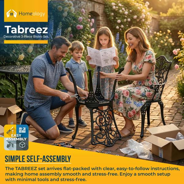 Homeology TABREEZ Garden and Patio Table and 2 Large Chairs with Armrests Cast Aluminium Bistro Set - Black
