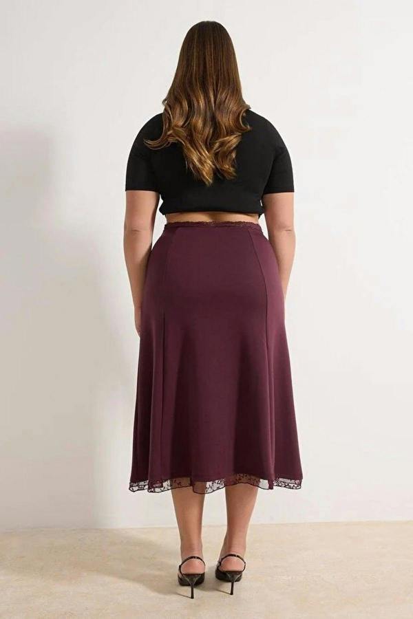 WOVCOR Lace Slit Detail Midi Knitted Plus Size Skirt