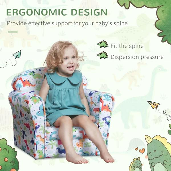 Kids dinosaur-print armchair with supportive design, rounded back and cushioned seat