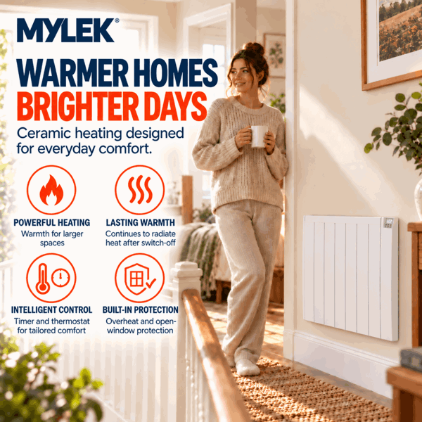MYLEK Electric Radiator Panel Heater Ceramic White Eco 2000W Bathroom Safe Wall Mounted Or Free Standing With Timer Thermostat