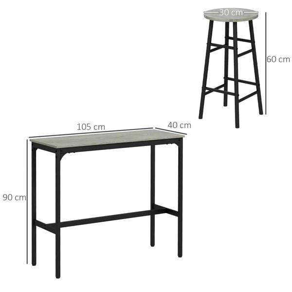 Grey industrial bar table with black frame and round grey stool, simple height design