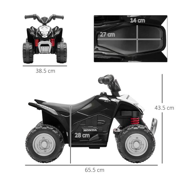 Black kids electric quad bike shown from front and side, with handlebars and wheels