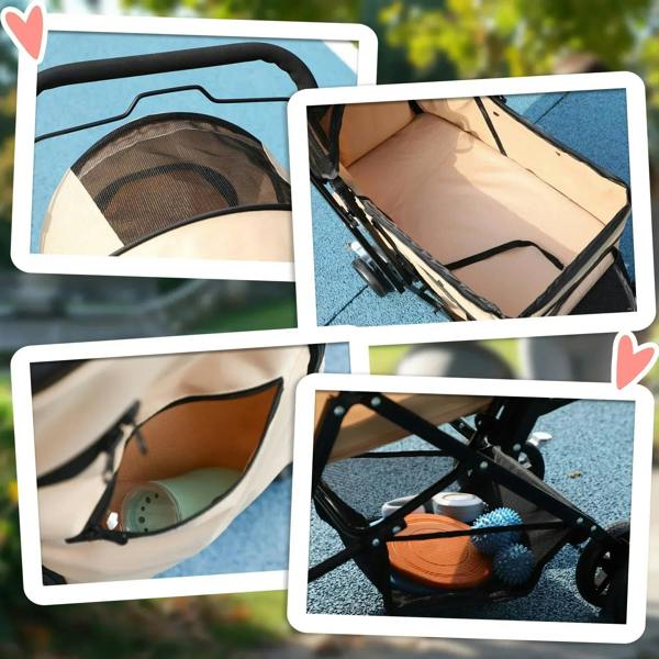 Beige pet stroller with mesh window panels and interior, plus storage pocket and tray.