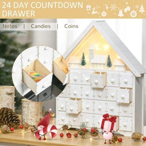 HOMCOM 24-Drawer Wooden Christmas Advent Calendar, Wooden Light-Up Decoration