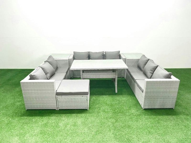 Fimous Rattan Garden Outdoor Furniture Set 10 Seater Garden Sofa Rectangulr Dining Table Set with Big Footstool 2 Side Tables Light Grey Mixed