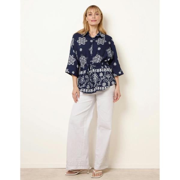 Blue Vanilla Floral 3/4 Sleeve Tie Waist Shirt