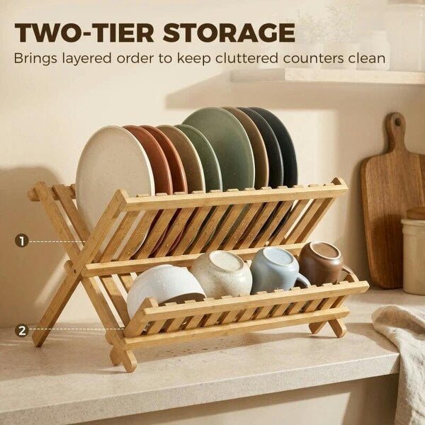 Kitchen Storage Unit, 2-Tier Foldable Kitchen Storage Rack with Slatted Draining Shelves, Natural Wood Finish