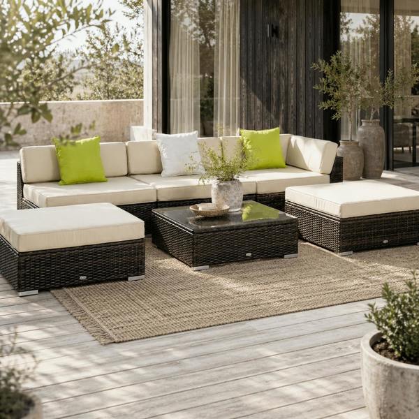 Wyld Haus Baka Brown Rattan 9 Seater Outdoor Sofa And Coffee Table Set With Cream Cushions