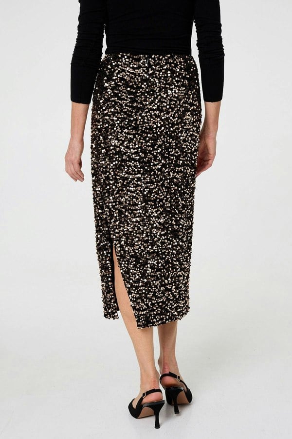 Black | Sequin Embellished High Waist Midi Skirt
