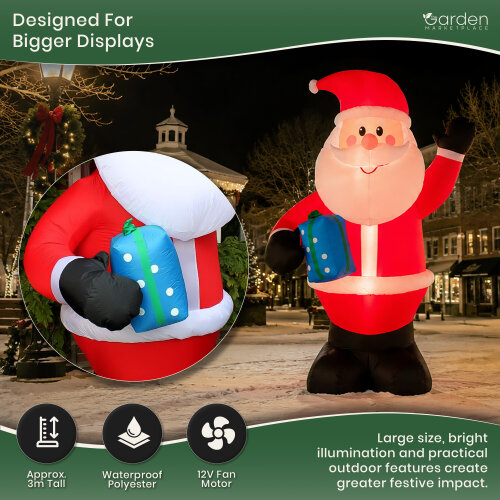 3m Inflatable Santa Christmas Decoration with 4 LED Lights, Indoor & Outdoor Use, Waterproof Polyester, Fan Motor & Ropes Included