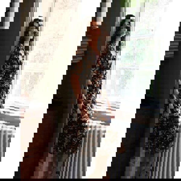 Blue Vanilla Floral Mesh Wrap Front Tiered Midi Dress