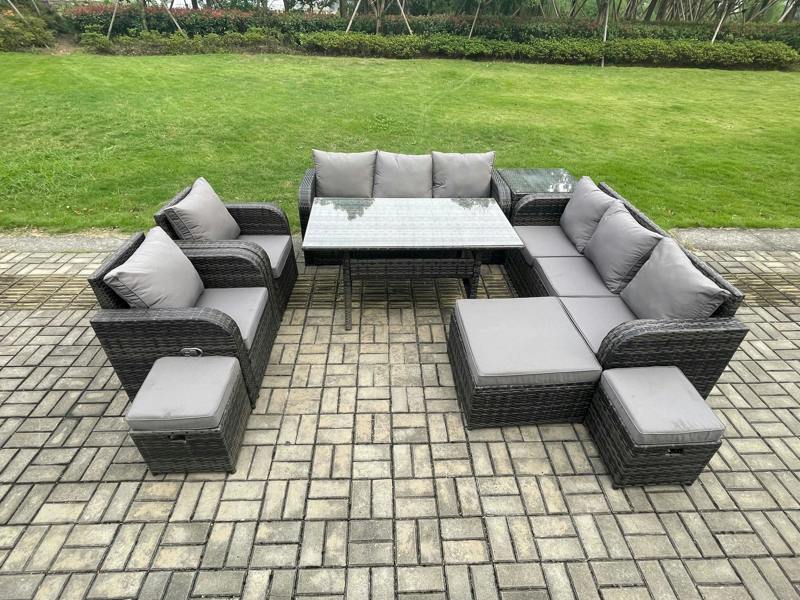 Fimous Wicker Rattan Garden Furniture Patio Set, Dining Table, Lounge Sofa, Adjustable Chair, Side Table, 3 Footstools, Dark Grey Mixed