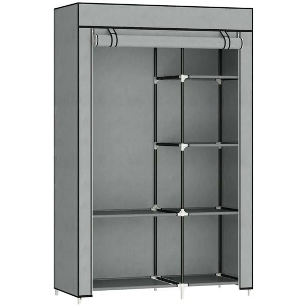 Light grey fabric wardrobe cabinet with open shelves and top hanging rail