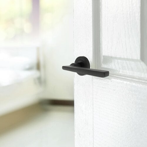 EDH Door Hardware Matt Black Modern Lever on Round Rose Door Handles – Handle Only or Handle + Tubular Latch