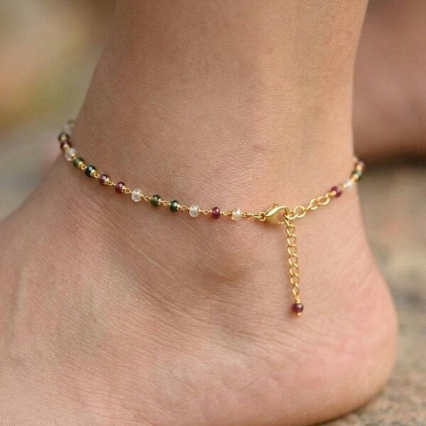 The Colourful Aura Gold Plated Multicolour Gemstone Bead Anklet Adjustable