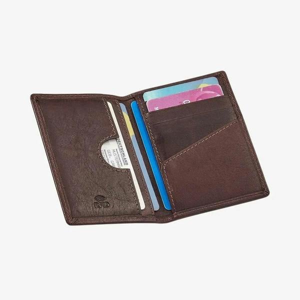 Brown leather card holder with card slots on a white background