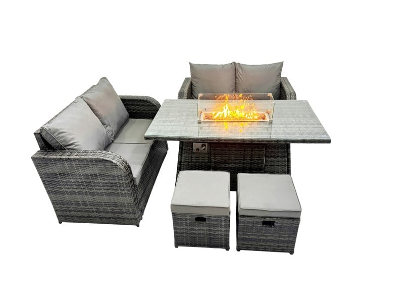 Fimous 6 seater Patio Gas Firpit Dining Table Sofa Sets Rattan Garden Furniture Dining Set with 2 Small Stools Dark Grey Mixed