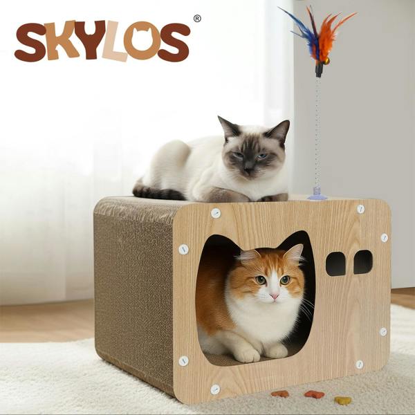 Skylos Cat Scratching Post Cat Cardboard House Cat Scratcher with Toy Indoor